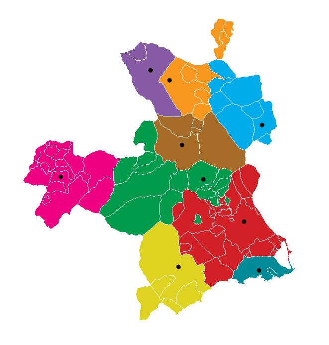 Partidos del Reino de Murcia (1789): Albacete, Chinchilla, Villena, Hellín, Segura de la Sierra, Cieza, Murcia, Lorca y Cartagena