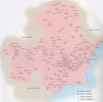 Poblamiento murciano hacia 1270 (Fuente: "Atlas histórico ilustrado de la Región de Murcia y su antiguo reino", Miguel Rodríguez Llopis)